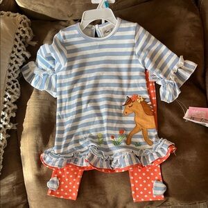 Rare Editions Blue Striped Pajama Set with Horse and Polka Dots